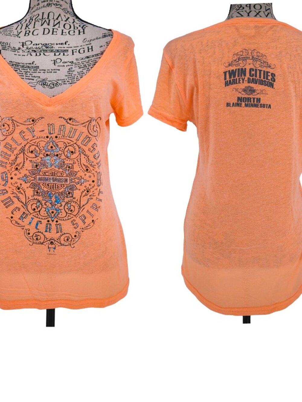 Harley-Davidson Twin Cities Rhinestone Scoop Neck Tee Coral Orange Womens Medium